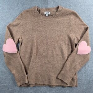 J.Crew Sweater Women Medium Tan Pink Heart Elbow Patch Crewneck Extra-Soft